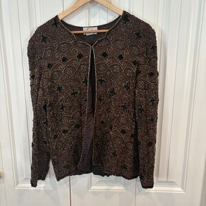 Jkara Brown‎ Beaded Silk Jacket Size XL